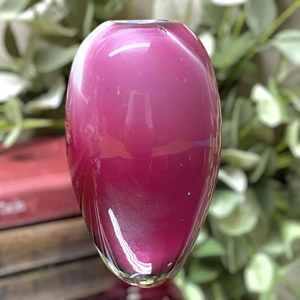 Drew Smith Art Glass Vase Signed Hand Blown 5” Tall Polished Pontil Vintage Pink